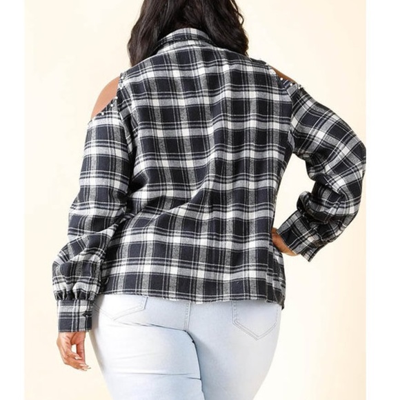 Plus Black Plaid White Pearl Cold Shoulder Shirt - Picture 8 of 8